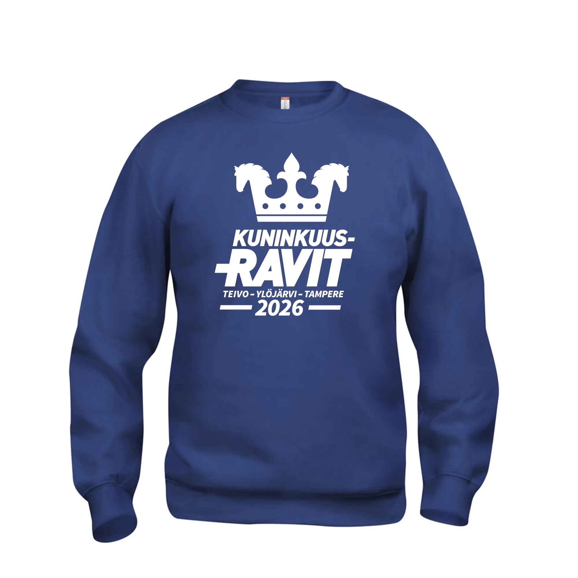 Sininen collegepaita, unisex, paikkakuntalogolla